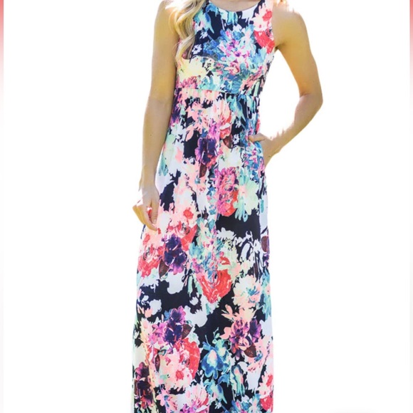 Beeson River Dresses & Skirts - Beeson River Navy Neon Floral Maxi Dress